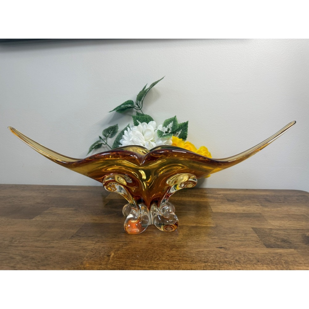 Vintage Murano-Style Amber Sommerso‎ Art Glass Freeform Bowl Retro Styling Decor